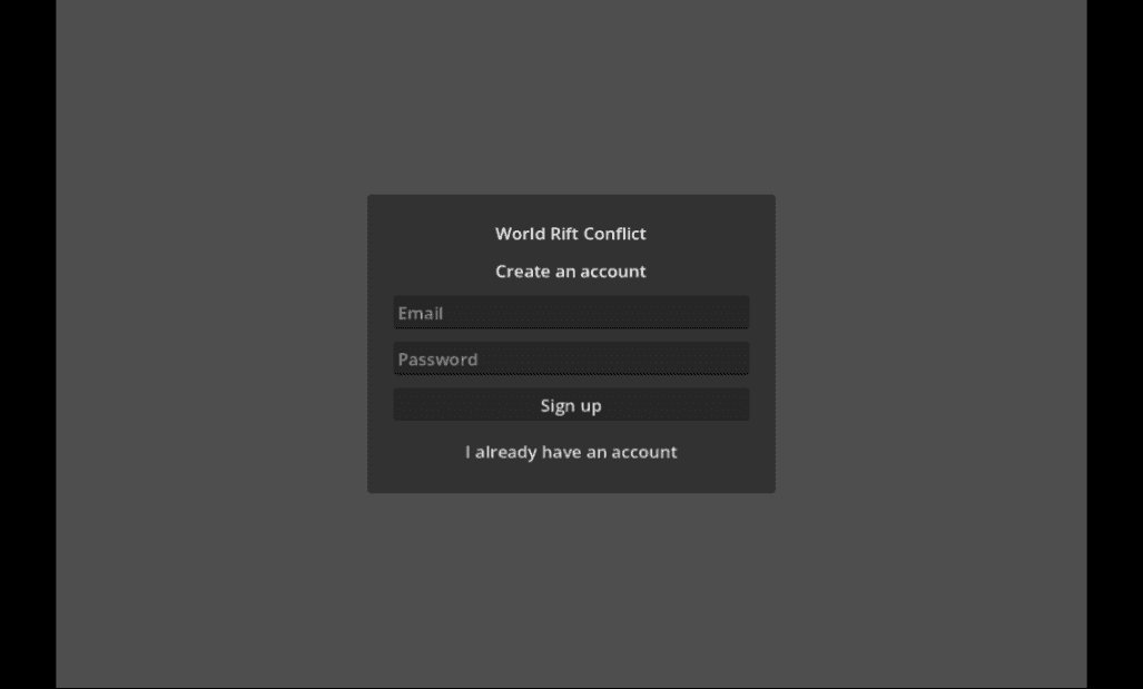 El build web de Godot en Chromium: un panel de World Rift Conflict titulado Create an account, con campos de correo y contraseña, un botón Sign up y un enlace I already have an account