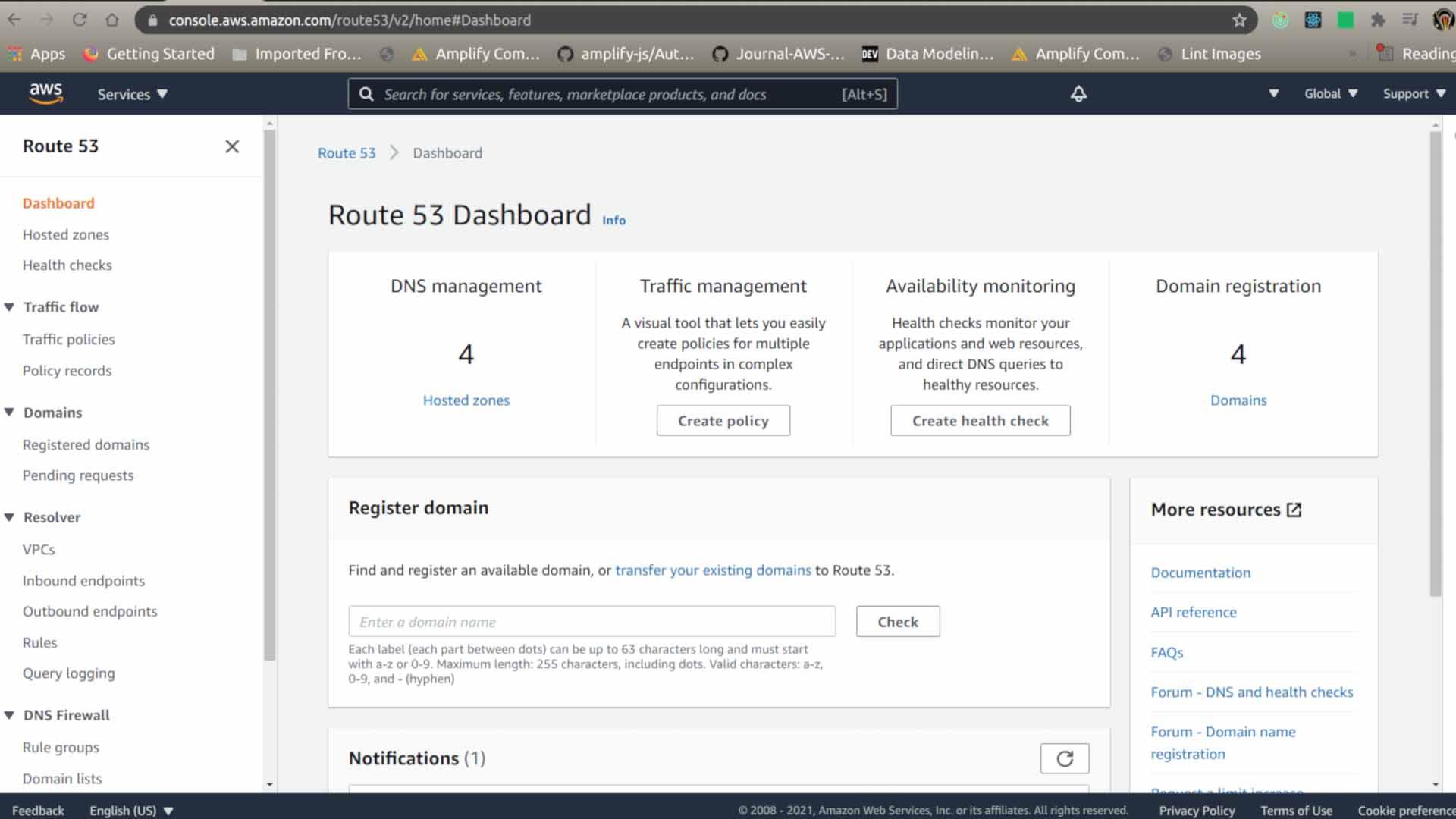 AWS Route 53 dashboard