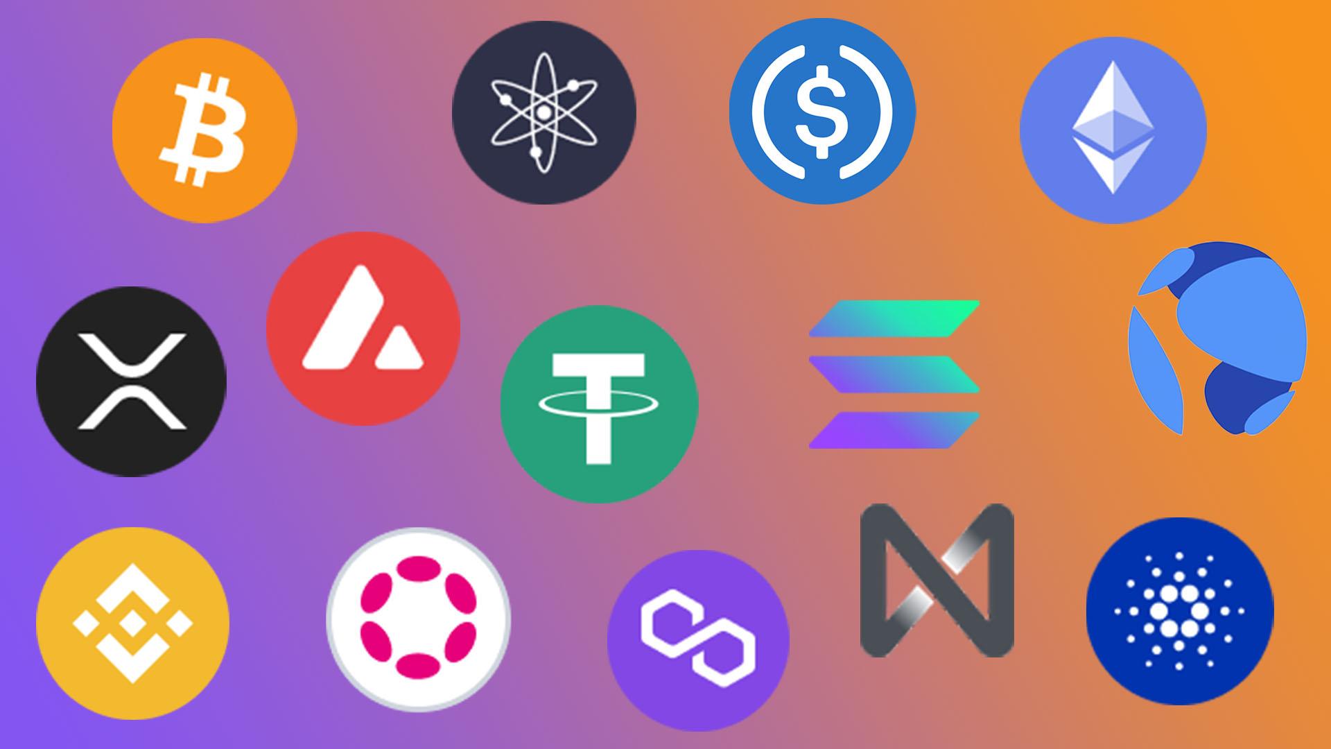 Logos of major blockchains and cryptocurrencies including Bitcoin, Ethereum, Solana, Cardano, Polkadot and Polygon