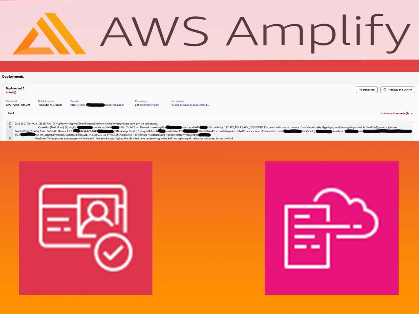 AWS Amplify console showing a failed deployment with the CFNUpdateNotSupportedError raised when Cognito user pool attributes are changed