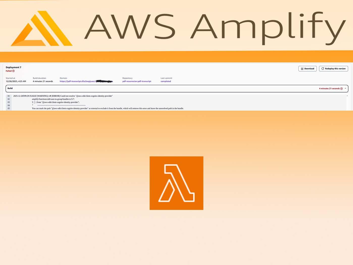 AWS Amplify console showing a failed deployment with the could not resolve @aws-sdk/client-cognito-identity-provider bundling error