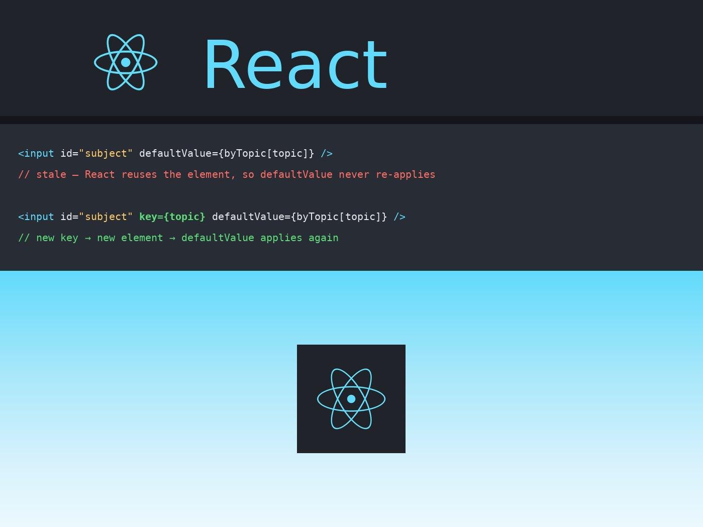 React code comparing an input without a key to the same input with key={topic}, which resets its defaultValue